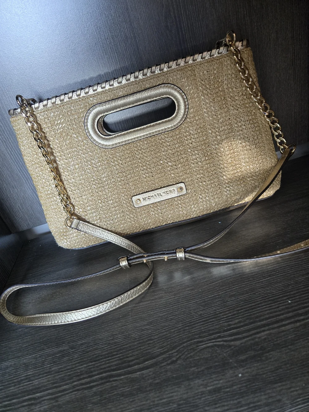 Michael Kors Metallic Gold Straw-Weave Crossbody Bag